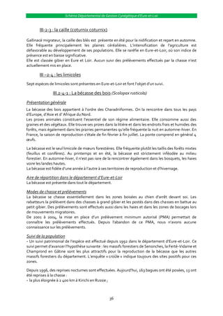 Schéma Départemental de Gestion Cynégétique d’Eure-et-Loir


        III-2-3 : la caille (coturnix coturnix)

Gallinacé migrateur, la caille des blés est présente en été pour la nidification et repart en automne.
Elle fréquente principalement les plaines céréalières. L’intensification de l’agriculture est
défavorable au développement de ses populations. Elle se raréfie en Eure-et-Loir, où son indice de
présence est en baisse significative.
Elle est classée gibier en Eure et Loir. Aucun suivi des prélèvements effectués par la chasse n’est
actuellement mis en place.

        III –2-4 : les limicoles
Sept espèces de limicoles sont présentes en Eure-et-Loir et font l’objet d’un suivi.

                III.2-4-1 : La bécasse des bois (Scolopax rusticola)
Présentation générale
La bécasse des bois appartient { l’ordre des Charadriiformes. On la rencontre dans tous les pays
d’Europe, d’Asie et d’ Afrique du Nord.
Les proies animales constituent l’essentiel de son régime alimentaire. Elle consomme aussi des
graines et des végétaux. Elle trouve ses proies dans la litière et dans les endroits frais et humides des
forêts, mais également dans les prairies permanentes qu’elle fréquente la nuit en automne-hiver. En
France, la saison de reproduction s’étale de fin février { fin juillet. La ponte comprend en général 4
œufs.

La bécasse est le seul limicole de mœurs forestières. Elle fréquente plutôt les taillis des forêts mixtes
(feuillus et conifères). Au printemps et en été, la bécasse est strictement inféodée au milieu
forestier. En automne-hiver, il n’est pas rare de la rencontrer également dans les bosquets, les haies
voire les landes hautes.
La bécasse est fidèle d’une année { l’autre { ses territoires de reproduction et d’hivernage.

Aire de répartition dans le département d’Eure-et-Loir
La bécasse est présente dans tout le département.

Modes de chasse et prélèvements
La bécasse se chasse essentiellement dans les zones boisées au chien d’arrêt devant soi. Les
rabatteurs la prélèvent dans des chasses à grand gibier et les postés dans des chasses en battue au
petit gibier. Des prélèvements sont effectués aussi dans les haies et dans les zones de bocages lors
de mouvements migratoires.
De 2001 { 2004, la mise en place d’un prélèvement minimum autorisé (PMA) permettait de
connaître les prélèvements effectués. Depuis l’abandon de ce PMA, nous n’avons aucune
connaissance sur les prélèvements.

Suivi de la population
--Un suivi patrimonial de l’espèce est effectué depuis 1992 dans le département d’Eure-et-Loir. Ce
suivi permet d’avancer l’hypothèse suivante : les massifs forestiers de Senonches, la Ferté-Vidame et
Champrond en Gâtine sont les plus attractifs pour la reproduction de la bécasse que les autres
massifs forestiers du département. L’enquête « croûle » indique toujours des sites positifs pour ces
zones.

Depuis 1996, des reprises nocturnes sont effectuées. Aujourd’hui, 163 bagues ont été posées, 13 ont
été reprises à la chasse :
--la plus éloignée à 2 400 km à Kirichi en Russie ;



                                                   36
 