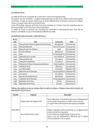 Schéma Départemental de Gestion Cynégétique d’Eure-et-Loir


La Vallée de l’Eure

La vallée de l’Eure est composée de 17 sites dont 2 sont suivis régulièrement.
18 espèces ont été recensées. 5 espèces regroupent plus de 98 % de l’effectif total toute espèce
confondue. Il s’agit du canard colvert avec 73 % de l’effectif total, la foulque macroule, le fuligule
milouin, le cygne tuberculé et la sarcelle d’hiver.
Le lac d’Ecluzelles regroupe 48 % des hivernants observés sur l’entité. Il est très important tant en
terme quantitatif qu’en terme de richesse spécifique.
La vallée de l’Eure ne présente pas d’importance nationale ou internationale pour l’une des 30
espèces considérées ou pour l’ensemble des effectifs accueillis.

Les différents sites de l’entité « Vallée de l’Eure »

  N° du
   site                           Site                              commune            Suivi
  1132      Etang de berchères bouglainval les terrasses           Bouglainval     Occasionnel
  1135      Etang de Marsalin                                    Vert en Drouais   Occasionnel
  1136      Etang du parc du château                                   Anet        Occasionnel
  1140      Parc du château                                         Maintenon      Occasionnel
  1147      Eure                                                 St Georges/Eure   Occasionnel
  1148      Balastière de Courville                               Courville/Eure   Occasionnel
  1149      Etang de Blanville                                      St Luperce     Occasionnel
  1150      Etang de la Gadelière                                   St Luperce     Occasionnel
  1155      Etang des Chênes+Etang des plantations                Fontenay/Eure    Occasionnel
  1156      Vallée de l'Eure                                        Morancez       Occasionnel
  1159      Lac d'Ecluzelles                                        Ecluzelles     Régulier FDC
  1160      Balastière de St Georges                             St Georges/Eure   Régulier FDC
  1161      St Luperce                                              St Luperce     Occasionnel
  1162      Rive de l'Eure Maintenon                                Maintenon      Occasionnel
  1163      Gadelière de St Georges                              St Georges/Eure   Occasionnel
  1168      Balastière de St Piat                                     St Piat      Occasionnel
  1169      Balastière de St Prest                                   St Prest      Occasionnel

Tableau des espèces prises en compte dans le cadre du réseau « Oiseaux d’eau-zone humide » et
rencontrées en Eure et Loir :

  Famille                    Espèces                                            Descriptif

                                                         Semi-sédentaire, il est présent dans tout le département
              Cygne tuberculé (Cygnus olor)              sur les vastes zones d’eau. Il nidifie en Eure-et-Loir.
                                                         Le cygne tuberculé fait partie des espèces protégées.


ANATIDES                                                 Espèce migratrice, elle est présente sur le département
                                                         en période de flux migratoire.
              Oie cendrée (Anser anser)                  L’oie cendrée est classée gibier en Eure et Loir
                                                         Aucun suivi des prélèvements effectués par la chasse
                                                         n’est actuellement mis en place.



                                                        39
 