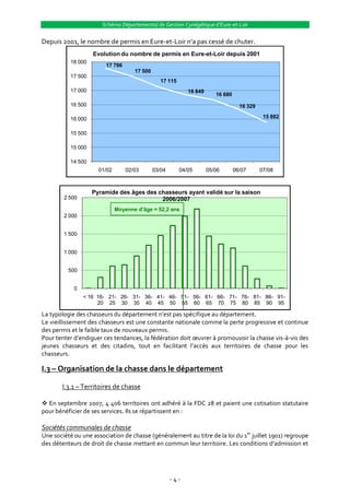 Schéma Départemental de Gestion Cynégétique d’Eure-et-Loir

Depuis 2001, le nombre de permis en Eure-et-Loir n’a pas cessé de chuter.
                    Evolution du nombre de permis en Eure-et-Loir depuis 2001
           18 000
                        17 786
                                     17 500
           17 500
                                                 17 115
           17 000                                            16 849
                                                                         16 680
           16 500                                                                   16 329

           16 000                                                                             15 882


           15 500

           15 000

           14 500
                      01/02       02/03       03/04       04/05       05/06       06/07      07/08



                    Pyramide des âges des chasseurs ayant validé sur la saison
        2 500                              2006/2007
                              Moyenne d’âge = 52,2 ans
        2 000


        1 500


        1 000


          500


            0
                < 16 16- 21- 26- 31- 36- 41- 46- 51- 56- 61- 66- 71- 76- 81- 86- 91-
                     20 25 30 35 40 45 50 55 60 65 70 75 80 85 90 95

La typologie des chasseurs du département n’est pas spécifique au département.
Le vieillissement des chasseurs est une constante nationale comme la perte progressive et continue
des permis et le faible taux de nouveaux permis.
Pour tenter d’endiguer ces tendances, la fédération doit œuvrer { promouvoir la chasse vis-à-vis des
jeunes chasseurs et des citadins, tout en facilitant l’accès aux territoires de chasse pour les
chasseurs.

I.3 – Organisation de la chasse dans le département

        I.3.1 – Territoires de chasse

 En septembre 2007, 4 406 territoires ont adhéré à la FDC 28 et paient une cotisation statutaire
pour bénéficier de ses services. Ils se répartissent en :

Sociétés communales de chasse
Une société ou une association de chasse (généralement au titre de la loi du 1er juillet 1901) regroupe
des détenteurs de droit de chasse mettant en commun leur territoire. Les conditions d’admission et




                                                      -4-
 
