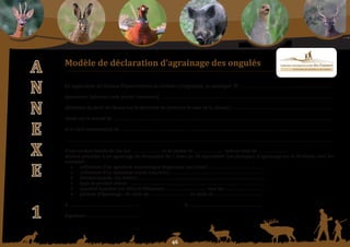 Schéma Départemental de Gestion Cynégétique
  de la FICEVY - 2009/2015




                 a                            Modèle de déclaration d’agrainage des ongulés

                                              En application du Schéma Départemental de Gestion Cynégétique, je soussigné, M…………………………………………………………………
                 n                            demeurant (adresse, code postal, commune) ...………………………………………………………......................................................................................

                                              détenteur du droit de chasse sur le territoire de (préciser le nom de la chasse) : ………………………................................................................
                 n                            située sur le massif de ………………………………………………………………………………….....................................................................................................

                                              et la (les) commune(s) de ………………………………………………………………………………..................................................................................................
                 e                            .................................................................................................................…………………………………………………………………………………………………………..

                                              d’une surface boisée de (en ha) …………….......... et de plaine de …………….......... soit un total de ……………..........
                 X                            déclare procéder à un agrainage de dissuasion du 1 mars au 30 septembre. Les pratiques d’agrainage sur le territoire sont les
                                              suivantes :
                                                 • utilisation d’un agrainoir automatique dispersant (oui/non) : …………………………………….
                 e                               • utilisation d’un épandeur tracté (oui/non) : …...........…………………………………………………….
                                                 • linéaire épandu (en mètre) : …………………………………......................……………………………………
                                                 • type de produit utilisé : ………………………………………………………......................…………………….
                                                 • quantité épandue (en kilo) et fréquence : ……...………………….. tous les ………..………………..
                                                 • période d’épandage : du mois de …………………............ au mois de ...……………………………….

                                              A ……………..................................................            le …...................................................…………..

                  1                           Signature : .................................................




                                                                                                              
 