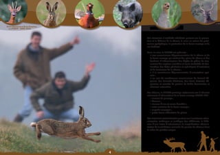 Schéma Départemental de Gestion Cynégétique
  de la FICEVY - 2009/2015




                                                  Les missions d’intérêt général portent sur la promo-
                                                  tion et la défense de la chasse, la mise en valeur du patri-
                                                  moine cynégétique, la protection de la faune sauvage et de
                                                  ses habitats.

                                                  Dans ce sens, la FICEVY est présente :
                                                     aux commissions départementales de la chasse et de
                                                    la faune sauvage qui traitent des plans de chasse et des
                                                    barèmes d’indemnisation des dégâts de gibier, du clas-
                                                    sement des espèces nuisibles et leurs modalités de des-
                                                    truction, des dates générales et spécifiques d’ouverture
                                                    et de fermeture de la chasse ;
                                                     à la commission départementale d’orientation agri-
                                                    cole ;
                                                     au sein de nombreuses commissions du Conseil Ré-
                                                    gional, des Conseils Généraux, des Parcs Naturels Ré-
                                                    gionaux et comités de gestion de forêts domaniales et
                                                    réserves naturelles.

                                                  Par ailleurs, la FICEVY participe activement aux 6 réseaux
                                                  nationaux d’observation de la faune sauvage ONCFS-FNC :
                                                    • oiseaux de passage ;
                                                    • bécasse ;
                                                    • oiseaux d’eau et zones humides ;
                                                    • suivi sanitaire de la faune sauvage ;
                                                    • ongulés sauvages ;
                                                    • petite faune sédentaire de plaine.

                                                  Les missions associatives portent sur l’assistance admi-
                                                  nistrative, technique et juridique des adhérents, la diffu-
                                                  sion d’une lettre d’information, la simplification adminis-
                                                  trative de la validation annuelle du permis de chasser dans
                                                  le cadre du guichet unique.




                                              
 