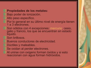 Propiedades de los metales: Bajo poder de ionización.  Alto peso especifico.  Por lo general en su último nivel de energía tienen 1 a 3 electrones.  Son sólidos con 4 excepciones:  mercurio , cesio, galio y francio, los que se encuentran en estado liquido.  Son brillosos.  Buenos conductores de electricidad.  Dúctiles y maleables.  Se oxidan al perder electrones.  Al unirse con oxigeno forman óxidos y si esto reaccionan con agua forman hidróxidos.  