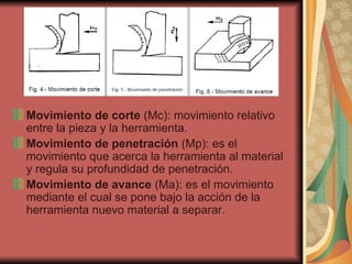 Movimiento de corte  (Mc): movimiento relativo entre la pieza y la herramienta.  Movimiento de penetración  (Mp): es el movimiento que acerca la herramienta al material y regula su profundidad de penetración.  Movimiento de avance  (Ma): es el movimiento mediante el cual se pone bajo la acción de la herramienta nuevo material a separar. 