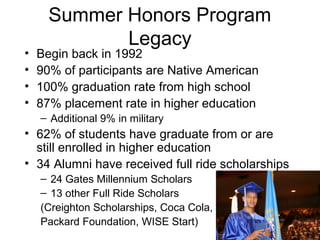 Summer Honors Program
             Legacy
•   Begin back in 1992
•   90% of participants are Native American
•   100% graduation rate from high school
•   87% placement rate in higher education
    – Additional 9% in military
• 62% of students have graduate from or are
  still enrolled in higher education
• 34 Alumni have received full ride scholarships
    – 24 Gates Millennium Scholars
    – 13 other Full Ride Scholars
    (Creighton Scholarships, Coca Cola,
    Packard Foundation, WISE Start)
 