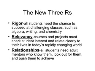 The New Three Rs
• Rigor-all students need the chance to
  succeed at challenging classes, such as
  algebra, writing, and chemistry
• Relevancy-courses and projects must
  spark student interest and relate clearly to
  their lives in today’s rapidly changing world
• Relationships-all students need adult
  mentors who know them, look out for them,
  and push them to achieve
 