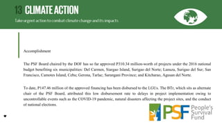 Accomplishment
The PSF Board chaired by the DOF has so far approved P310.34 million-worth of projects under the 2016 national
budget benefiting six municipalities: Del Carmen, Siargao Island, Surigao del Norte; Lanuza, Surigao del Sur; San
Francisco, Camotes Island, Cebu; Gerona, Tarlac; Sarangani Province; and Kitcharao, Agusan del Norte.
To date, P147.46 million of the approved financing has been disbursed to the LGUs. The BTr, which sits as alternate
chair of the PSF Board, attributed this low disbursement rate to delays in project implementation owing to
uncontrollable events such as the COVID-19 pandemic, natural disasters affecting the project sites, and the conduct
of national elections.
 