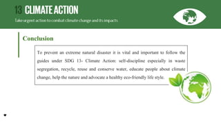 Conclusion
To prevent an extreme natural disaster it is vital and important to follow the
guides under SDG 13- Climate Action: self-discipline especially in waste
segregation, recycle, reuse and conserve water, educate people about climate
change, help the nature and advocate a healthy eco-friendly life style.
 