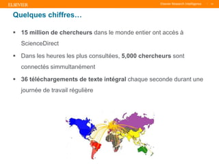 TITLE OF PRESENTATION
| 10
10|
Quelques chiffres…
 15 million de chercheurs dans le monde entier ont accès à
ScienceDirect
 Dans les heures les plus consultées, 5,000 chercheurs sont
connectés simmultanément
 36 téléchargements de texte intégral chaque seconde durant une
journée de travail régulière
 