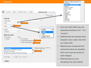 TITLE OF PRESENTATION
| 33
33|
 Liez vos mots-clefs avec les
opérateurs boolean (“et”, “ou”,
“et pas”)
 Sélectionnez les champs dans
lesquels vous voulez chercher
ces mots-clefs
 Sélectionnez uniquement de
rechercher dans les résultats
dont vous avez les accès en
texte intégral
 Sélectionnez la ou les
disciplines de votre intérêt
 