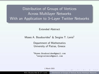 Distribution of Groups of Vertices
Across Multilayer Networks
With an Application to 3–Layer Twitter Networks
Extended Abstract
Moses A. Boudourides1
& Sergios T. Lenis2
Department of Mathematics
University of Patras, Greece
1Moses.Boudourides@gmail.com
2sergioslenis@gmail.com
1 March 2015
M.A. Boudourides & S.T. Lenis Distribution of Groups of Vertices Across Multilayer Networks
 