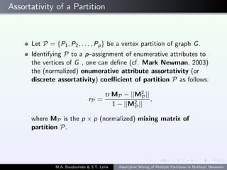 Assortativity of a Partition
Let P = {P1, P2, . . . , Pp} be a vertex partition of graph G.
Identifying P to a p–assignment of enumerative attributes to
the vertices of G , one can deﬁne (cf. Mark Newman, 2003)
the (normalized) enumerative attribute assortativity (or
discrete assortativity) coeﬃcient of partition P as follows:
rP =
tr MP − ||M2
P||
1 − ||M2
P||
,
where MP is the p × p (normalized) mixing matrix of
partition P.
M.A. Boudourides & S.T. Lenis Assortative Mixing of Multiple Partitions in Mulilayer Networks
 