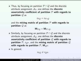 Thus, by focusing on partition P ∩ Q and the discrete
attribute assignment AP, one deﬁnes the discrete
assortativity coeﬃcient of partition P with regards to
partition Q as
rPQ = rP∩Q
and the mixing matrix of partition P with regards to
partition Q as
MPQ = MP∩Q.
Similarly, by focusing on partition P ∩ Q and the discrete
attribute assignment AQ, one deﬁnes the discrete
assortativity coeﬃcient of partition Q with regards to
partition P, rQP, and the mixing matrix of partition Q
with regards to partition P, MQP.
In general,
rPQ = rQP.
M.A. Boudourides & S.T. Lenis Assortative Mixing of Multiple Partitions in Mulilayer Networks
 
