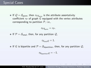 Special Cases
If Q = Spoint, then rPSpoint
is the attribute assortativity
coeﬃcient rP of graph G equipped with the vertex attributes
corresponding to partition P, i.e.,
rPSpoint
= rP.
If P = Stotal, then, for any partition Q,
rStotalQ = 1.
If G is bipartite and P = Sbipartition, then, for any partition Q,
rSbipartitionQ = −1.
M.A. Boudourides & S.T. Lenis Assortative Mixing of Multiple Partitions in Mulilayer Networks
 