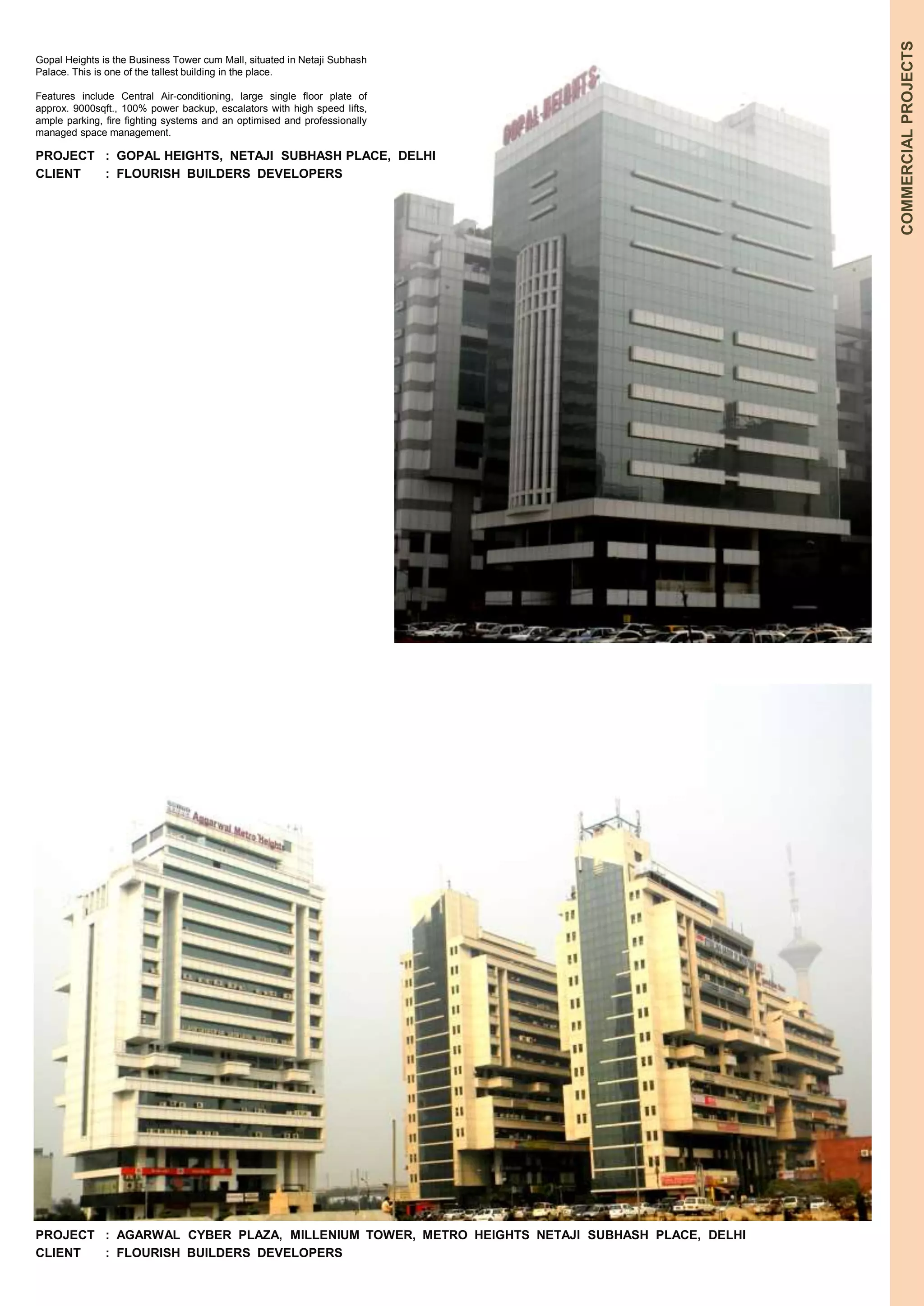 COMMERCIAL PROJECTS 
Gopal Heights is the Business Tower cum Mall, situated in Netaji Subhash 
Palace. This is one of the tallest building in the place. 
Features include Central Air-conditioning, large single floor plate of 
approx. 9000sqft., 100% power backup, escalators with high speed lifts, 
ample parking, fire fighting systems and an optimised and professionally 
managed space management. 
PROJECT : GOPAL HEIGHTS, NETAJI SUBHASH PLACE, DELHI 
CLIENT : FLOURISH BUILDERS DEVELOPERS 
PROJECT : AGARWAL CYBER PLAZA, MILLENIUM TOWER, METRO HEIGHTS NETAJI SUBHASH PLACE, DELHI 
CLIENT : FLOURISH BUILDERS DEVELOPERS 
 