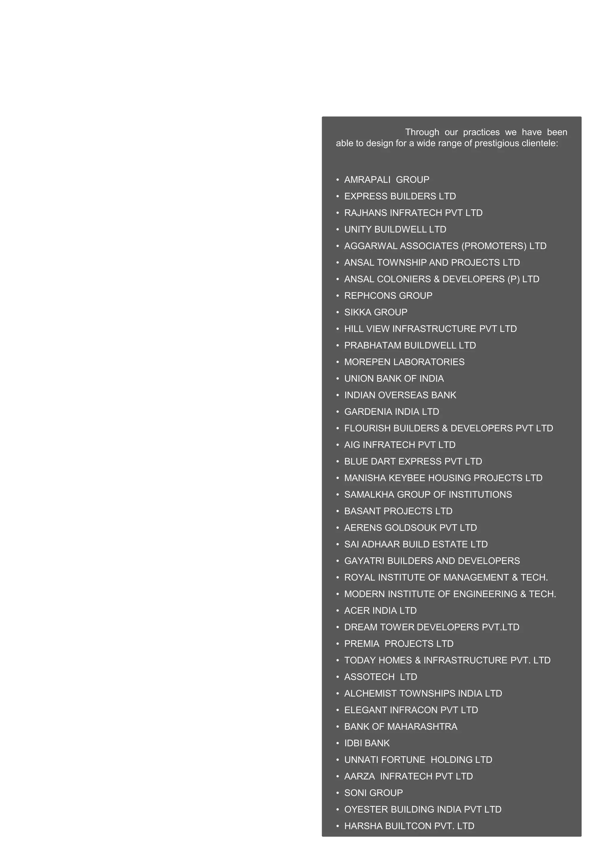 Through our practices we have been 
able to design for a wide range of prestigious clientele: 
• AMRAPALI GROUP 
• EXPRESS BUILDERS LTD 
• RAJHANS INFRATECH PVT LTD 
• UNITY BUILDWELL LTD 
• AGGARWAL ASSOCIATES (PROMOTERS) LTD 
• ANSAL TOWNSHIP AND PROJECTS LTD 
• ANSAL COLONIERS & DEVELOPERS (P) LTD 
• REPHCONS GROUP 
• SIKKA GROUP 
• HILL VIEW INFRASTRUCTURE PVT LTD 
• PRABHATAM BUILDWELL LTD 
• MOREPEN LABORATORIES 
• UNION BANK OF INDIA 
• INDIAN OVERSEAS BANK 
• GARDENIA INDIA LTD 
• FLOURISH BUILDERS & DEVELOPERS PVT LTD 
• AIG INFRATECH PVT LTD 
• BLUE DART EXPRESS PVT LTD 
• MANISHA KEYBEE HOUSING PROJECTS LTD 
• SAMALKHA GROUP OF INSTITUTIONS 
• BASANT PROJECTS LTD 
• AERENS GOLDSOUK PVT LTD 
• SAI ADHAAR BUILD ESTATE LTD 
• GAYATRI BUILDERS AND DEVELOPERS 
• ROYAL INSTITUTE OF MANAGEMENT & TECH. 
• MODERN INSTITUTE OF ENGINEERING & TECH. 
• ACER INDIA LTD 
• DREAM TOWER DEVELOPERS PVT.LTD 
• PREMIA PROJECTS LTD 
• TODAY HOMES & INFRASTRUCTURE PVT. LTD 
• ASSOTECH LTD 
• ALCHEMIST TOWNSHIPS INDIA LTD 
• ELEGANT INFRACON PVT LTD 
• BANK OF MAHARASHTRA 
• IDBI BANK 
• UNNATI FORTUNE HOLDING LTD 
• AARZA INFRATECH PVT LTD 
• SONI GROUP 
• OYESTER BUILDING INDIA PVT LTD 
• HARSHA BUILTCON PVT. LTD 
 