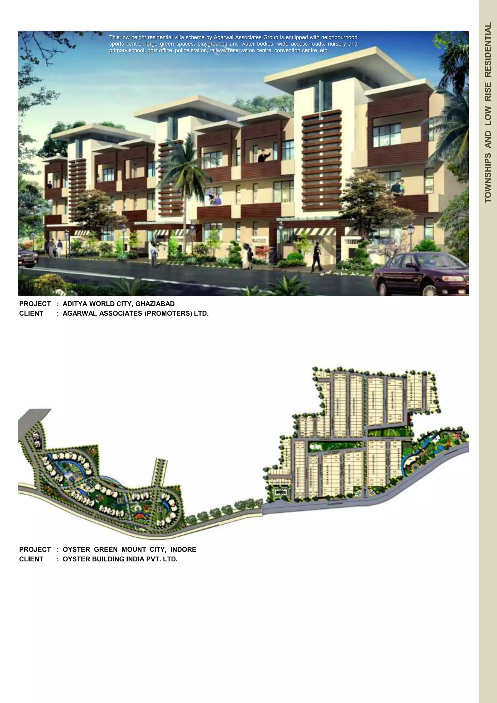 TOWNSHIPS AND LOW RISE RESIDENTIAL 
This low height residential villa scheme by Agarwal Associates Group is equipped with neighbourhood 
sports centre, large green spaces, playgrounds and water bodies, wide access roads, nursery and 
primary school, post office, police station, railway reservation centre, convention centre, etc. 
PROJECT : ADITYA WORLD CITY, GHAZIABAD 
CLIENT : AGARWAL ASSOCIATES (PROMOTERS) LTD. 
PROJECT : OYSTER GREEN MOUNT CITY, INDORE 
CLIENT : OYSTER BUILDING INDIA PVT. LTD. 
 