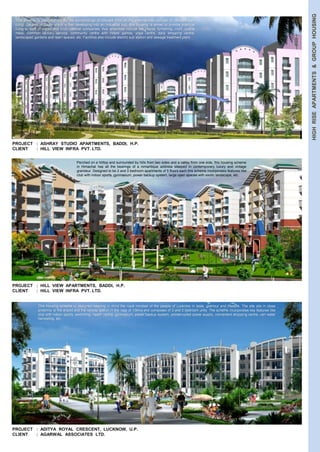 HIGH RISE APARTMENTS & GROUP HOUSING 
This scheme is designed amidst the surroundings of Shivalik Hills on the international concept of condominium 
living. Located in Baddi which is fast developing into an industrial hub, this housing is aimed to provide practical 
living to staff of Indian and multi-national companies. Key amenities include full interior furnishing, multi cuisine 
mess, common laundry service, community centre with indoor games, yoga centre, daily shopping centre, 
landscaped gardens and open spaces, etc. Facilities also include electric sub station and sewage treatment plant. 
PROJECT : ASHRAY STUDIO APARTMENTS, BADDI, H.P. 
CLIENT : HILL VIEW INFRA PVT. LTD. 
Perched on a hilltop and surrounded by hills from two sides and a valley from one side, this housing scheme 
in Himachal has all the bearings of a romantique address steeped in contemporary luxury and vintage 
grandeur. Designed to be 2 and 3 bedroom apartments of 5 floors each this scheme incorporates features like 
club with indoor sports, gymnasium, power backup system, large open spaces with exotic landscape, etc. 
PROJECT : HILL VIEW APARTMENTS, BADDI, H.P. 
CLIENT : HILL VIEW INFRA PVT. LTD. 
This housing scheme is designed keeping in mind the royal mindset of the people of Lucknow in taste, glamour and lifestyle. The site sits in close 
proximity to the airport and the railway station in the rage of 10kms and composes of 2 and 3 bedroom units. The scheme incorporates key features like 
club with indoor sports, swimming, health centre, gymnasium, power backup system, uninterrupted power supply, convenient shopping centre, rain water 
harvesting, etc. 
PROJECT : ADITYA ROYAL CRESCENT, LUCKNOW, U.P. 
CLIENT : AGARWAL ASSOCIATES LTD. 
 