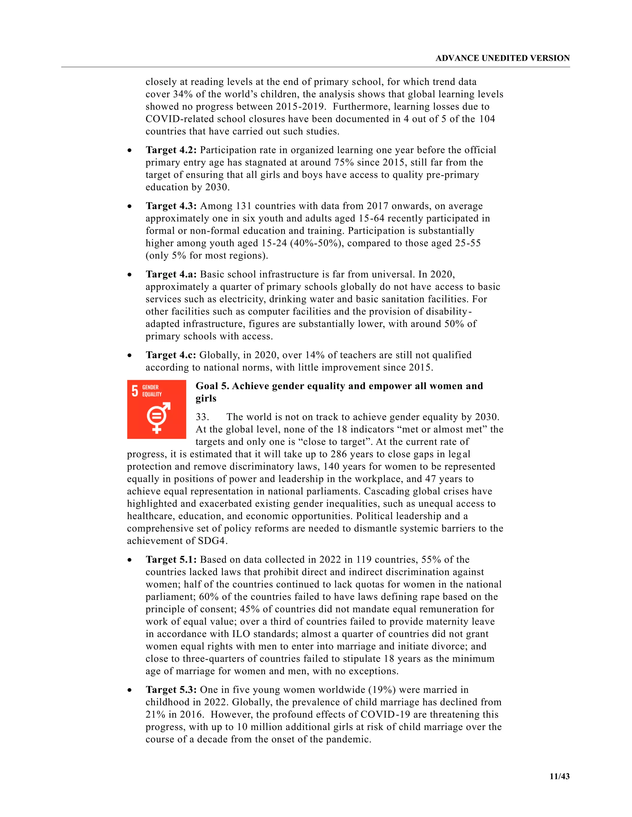 ADVANCE UNEDITED VERSION
11/43
closely at reading levels at the end of primary school, for which trend data
cover 34% of the world’s children, the analysis shows that global learning levels
showed no progress between 2015-2019. Furthermore, learning losses due to
COVID-related school closures have been documented in 4 out of 5 of the 104
countries that have carried out such studies.
• Target 4.2: Participation rate in organized learning one year before the official
primary entry age has stagnated at around 75% since 2015, still far from the
target of ensuring that all girls and boys have access to quality pre-primary
education by 2030.
• Target 4.3: Among 131 countries with data from 2017 onwards, on average
approximately one in six youth and adults aged 15-64 recently participated in
formal or non-formal education and training. Participation is substantially
higher among youth aged 15-24 (40%-50%), compared to those aged 25-55
(only 5% for most regions).
• Target 4.a: Basic school infrastructure is far from universal. In 2020,
approximately a quarter of primary schools globally do not have access to basic
services such as electricity, drinking water and basic sanitation facilities. For
other facilities such as computer facilities and the provision of disability-
adapted infrastructure, figures are substantially lower, with around 50% of
primary schools with access.
• Target 4.c: Globally, in 2020, over 14% of teachers are still not qualified
according to national norms, with little improvement since 2015.
Goal 5. Achieve gender equality and empower all women and
girls
33. The world is not on track to achieve gender equality by 2030.
At the global level, none of the 18 indicators “met or almost met” the
targets and only one is “close to target”. At the current rate of
progress, it is estimated that it will take up to 286 years to close gaps in legal
protection and remove discriminatory laws, 140 years for women to be represented
equally in positions of power and leadership in the workplace, and 47 years to
achieve equal representation in national parliaments. Cascading global crises have
highlighted and exacerbated existing gender inequalities, such as unequal access to
healthcare, education, and economic opportunities. Political leadership and a
comprehensive set of policy reforms are needed to dismantle systemic barriers to the
achievement of SDG4.
• Target 5.1: Based on data collected in 2022 in 119 countries, 55% of the
countries lacked laws that prohibit direct and indirect discrimination against
women; half of the countries continued to lack quotas for women in the national
parliament; 60% of the countries failed to have laws defining rape based on the
principle of consent; 45% of countries did not mandate equal remuneration for
work of equal value; over a third of countries failed to provide maternity leave
in accordance with ILO standards; almost a quarter of countries did not grant
women equal rights with men to enter into marriage and initiate divorce; and
close to three-quarters of countries failed to stipulate 18 years as the minimum
age of marriage for women and men, with no exceptions.
• Target 5.3: One in five young women worldwide (19%) were married in
childhood in 2022. Globally, the prevalence of child marriage has declined from
21% in 2016. However, the profound effects of COVID-19 are threatening this
progress, with up to 10 million additional girls at risk of child marriage over the
course of a decade from the onset of the pandemic.
 