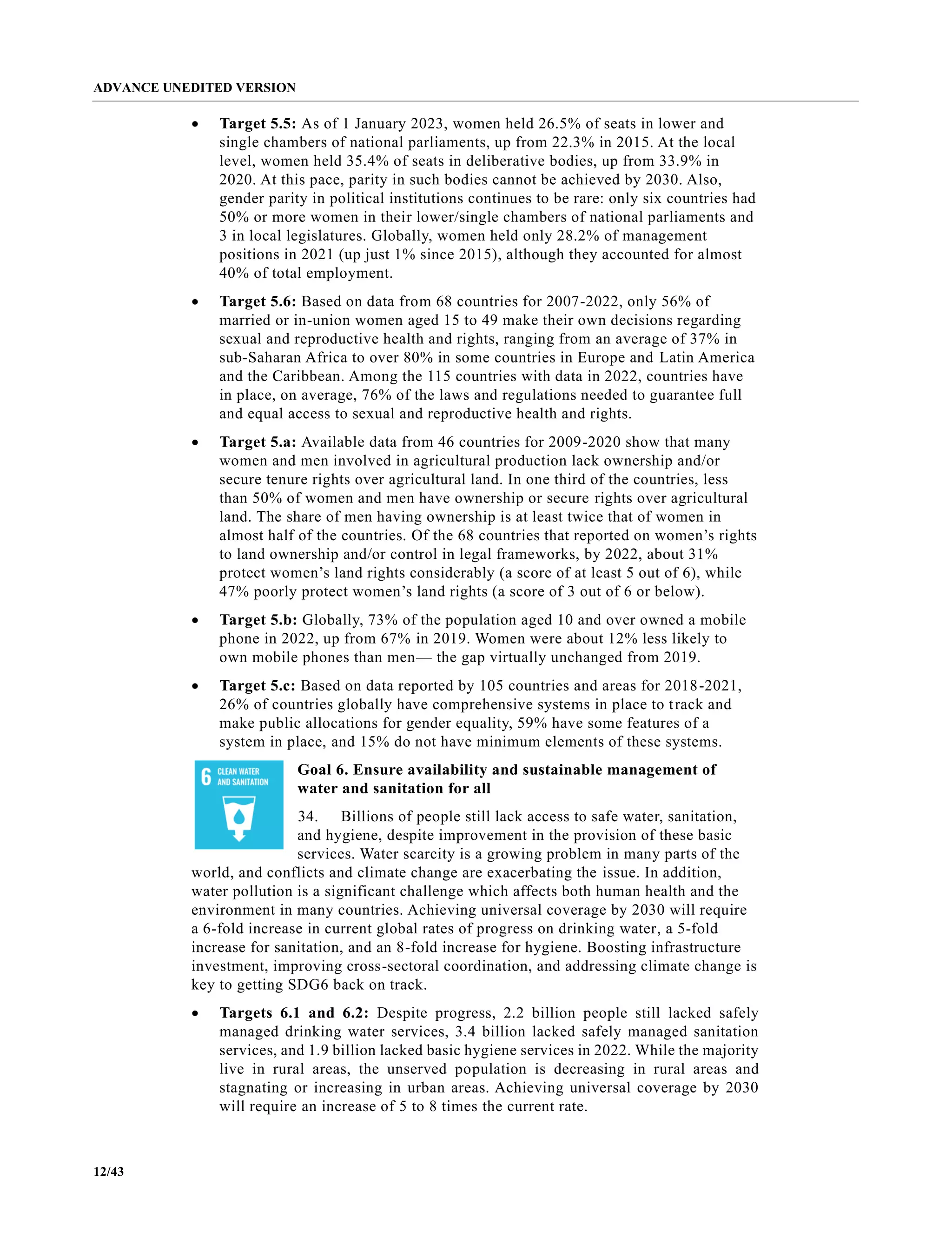 ADVANCE UNEDITED VERSION
12/43
• Target 5.5: As of 1 January 2023, women held 26.5% of seats in lower and
single chambers of national parliaments, up from 22.3% in 2015. At the local
level, women held 35.4% of seats in deliberative bodies, up from 33.9% in
2020. At this pace, parity in such bodies cannot be achieved by 2030. Also,
gender parity in political institutions continues to be rare: only six countries had
50% or more women in their lower/single chambers of national parliaments and
3 in local legislatures. Globally, women held only 28.2% of management
positions in 2021 (up just 1% since 2015), although they accounted for almost
40% of total employment.
• Target 5.6: Based on data from 68 countries for 2007-2022, only 56% of
married or in-union women aged 15 to 49 make their own decisions regarding
sexual and reproductive health and rights, ranging from an average of 37% in
sub-Saharan Africa to over 80% in some countries in Europe and Latin America
and the Caribbean. Among the 115 countries with data in 2022, countries have
in place, on average, 76% of the laws and regulations needed to guarantee full
and equal access to sexual and reproductive health and rights.
• Target 5.a: Available data from 46 countries for 2009-2020 show that many
women and men involved in agricultural production lack ownership and/or
secure tenure rights over agricultural land. In one third of the countries, less
than 50% of women and men have ownership or secure rights over agricultural
land. The share of men having ownership is at least twice that of women in
almost half of the countries. Of the 68 countries that reported on women’s rights
to land ownership and/or control in legal frameworks, by 2022, about 31%
protect women’s land rights considerably (a score of at least 5 out of 6), while
47% poorly protect women’s land rights (a score of 3 out of 6 or below).
• Target 5.b: Globally, 73% of the population aged 10 and over owned a mobile
phone in 2022, up from 67% in 2019. Women were about 12% less likely to
own mobile phones than men— the gap virtually unchanged from 2019.
• Target 5.c: Based on data reported by 105 countries and areas for 2018-2021,
26% of countries globally have comprehensive systems in place to track and
make public allocations for gender equality, 59% have some features of a
system in place, and 15% do not have minimum elements of these systems.
Goal 6. Ensure availability and sustainable management of
water and sanitation for all
34. Billions of people still lack access to safe water, sanitation,
and hygiene, despite improvement in the provision of these basic
services. Water scarcity is a growing problem in many parts of the
world, and conflicts and climate change are exacerbating the issue. In addition,
water pollution is a significant challenge which affects both human health and the
environment in many countries. Achieving universal coverage by 2030 will require
a 6-fold increase in current global rates of progress on drinking water, a 5-fold
increase for sanitation, and an 8-fold increase for hygiene. Boosting infrastructure
investment, improving cross-sectoral coordination, and addressing climate change is
key to getting SDG6 back on track.
• Targets 6.1 and 6.2: Despite progress, 2.2 billion people still lacked safely
managed drinking water services, 3.4 billion lacked safely managed sanitation
services, and 1.9 billion lacked basic hygiene services in 2022. While the majority
live in rural areas, the unserved population is decreasing in rural areas and
stagnating or increasing in urban areas. Achieving universal coverage by 2030
will require an increase of 5 to 8 times the current rate.
 