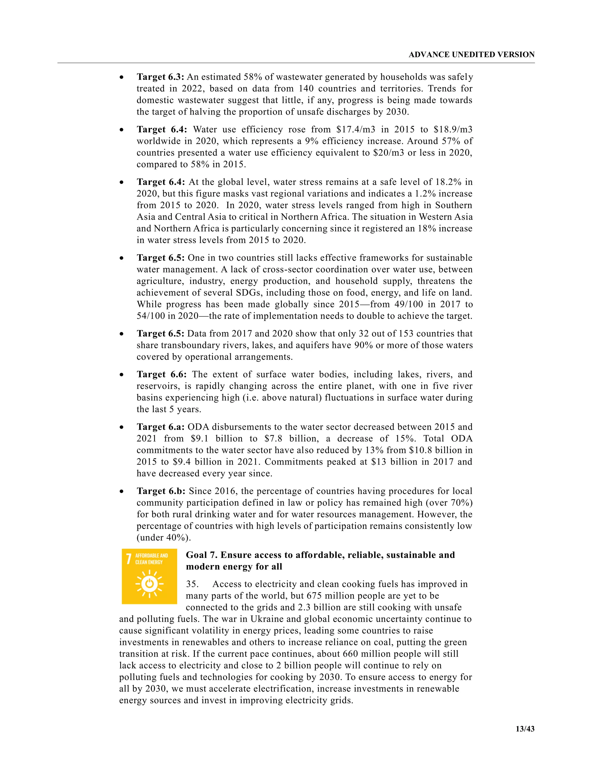 ADVANCE UNEDITED VERSION
13/43
• Target 6.3: An estimated 58% of wastewater generated by households was safely
treated in 2022, based on data from 140 countries and territories. Trends for
domestic wastewater suggest that little, if any, progress is being made towards
the target of halving the proportion of unsafe discharges by 2030.
• Target 6.4: Water use efficiency rose from $17.4/m3 in 2015 to $18.9/m3
worldwide in 2020, which represents a 9% efficiency increase. Around 57% of
countries presented a water use efficiency equivalent to $20/m3 or less in 2020,
compared to 58% in 2015.
• Target 6.4: At the global level, water stress remains at a safe level of 18.2% in
2020, but this figure masks vast regional variations and indicates a 1.2% increase
from 2015 to 2020. In 2020, water stress levels ranged from high in Southern
Asia and Central Asia to critical in Northern Africa. The situation in Western Asia
and Northern Africa is particularly concerning since it registered an 18% increase
in water stress levels from 2015 to 2020.
• Target 6.5: One in two countries still lacks effective frameworks for sustainable
water management. A lack of cross-sector coordination over water use, between
agriculture, industry, energy production, and household supply, threatens the
achievement of several SDGs, including those on food, energy, and life on land.
While progress has been made globally since 2015—from 49/100 in 2017 to
54/100 in 2020—the rate of implementation needs to double to achieve the target.
• Target 6.5: Data from 2017 and 2020 show that only 32 out of 153 countries that
share transboundary rivers, lakes, and aquifers have 90% or more of those waters
covered by operational arrangements.
• Target 6.6: The extent of surface water bodies, including lakes, rivers, and
reservoirs, is rapidly changing across the entire planet, with one in five river
basins experiencing high (i.e. above natural) fluctuations in surface water during
the last 5 years.
• Target 6.a: ODA disbursements to the water sector decreased between 2015 and
2021 from $9.1 billion to $7.8 billion, a decrease of 15%. Total ODA
commitments to the water sector have also reduced by 13% from $10.8 billion in
2015 to $9.4 billion in 2021. Commitments peaked at $13 billion in 2017 and
have decreased every year since.
• Target 6.b: Since 2016, the percentage of countries having procedures for local
community participation defined in law or policy has remained high (over 70%)
for both rural drinking water and for water resources management. However, the
percentage of countries with high levels of participation remains consistently low
(under 40%).
Goal 7. Ensure access to affordable, reliable, sustainable and
modern energy for all
35. Access to electricity and clean cooking fuels has improved in
many parts of the world, but 675 million people are yet to be
connected to the grids and 2.3 billion are still cooking with unsafe
and polluting fuels. The war in Ukraine and global economic uncertainty continue to
cause significant volatility in energy prices, leading some countries to raise
investments in renewables and others to increase reliance on coal, putting the green
transition at risk. If the current pace continues, about 660 million people will still
lack access to electricity and close to 2 billion people will continue to rely on
polluting fuels and technologies for cooking by 2030. To ensure access to energy for
all by 2030, we must accelerate electrification, increase investments in renewable
energy sources and invest in improving electricity grids.
 