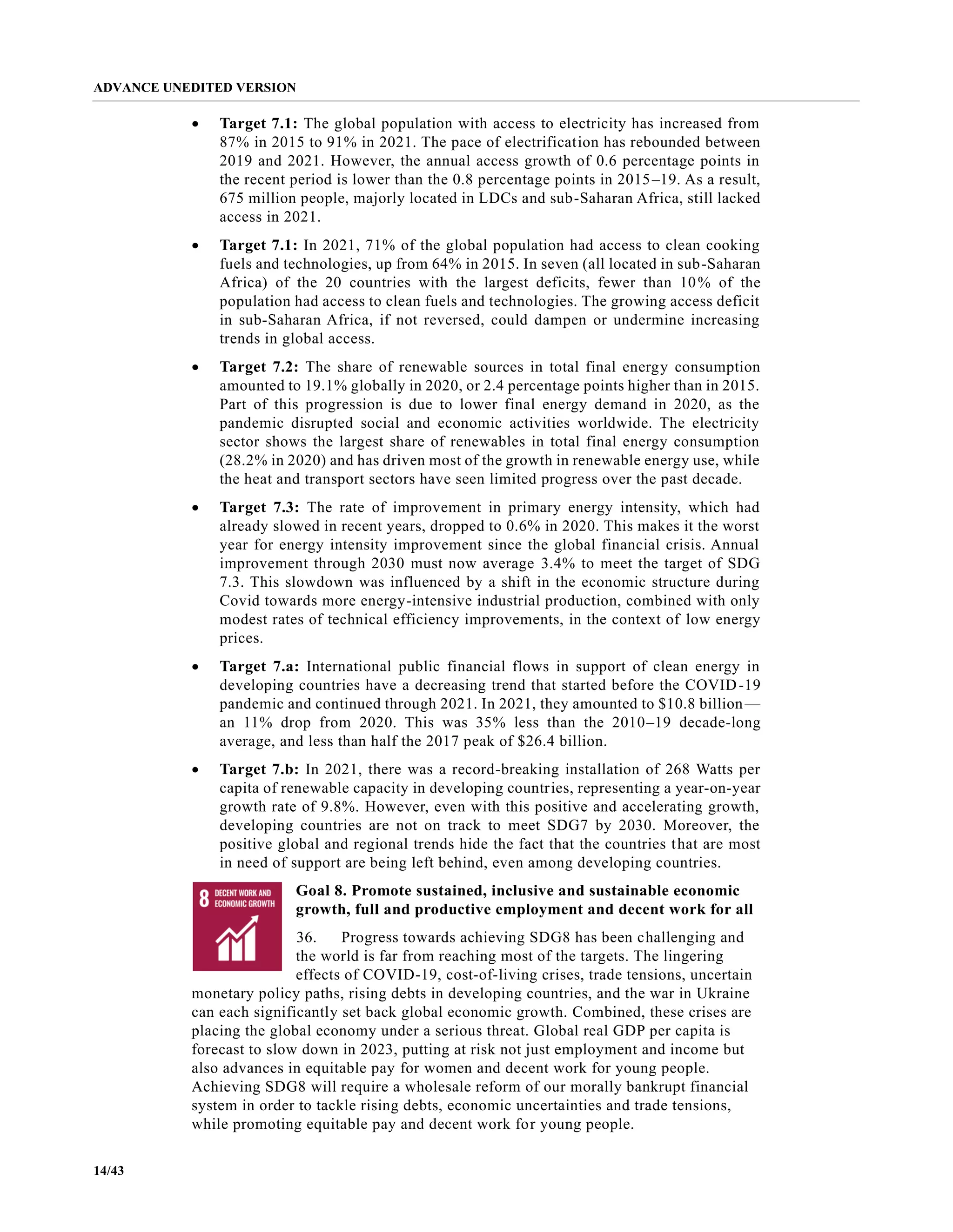 ADVANCE UNEDITED VERSION
14/43
• Target 7.1: The global population with access to electricity has increased from
87% in 2015 to 91% in 2021. The pace of electrification has rebounded between
2019 and 2021. However, the annual access growth of 0.6 percentage points in
the recent period is lower than the 0.8 percentage points in 2015–19. As a result,
675 million people, majorly located in LDCs and sub-Saharan Africa, still lacked
access in 2021.
• Target 7.1: In 2021, 71% of the global population had access to clean cooking
fuels and technologies, up from 64% in 2015. In seven (all located in sub-Saharan
Africa) of the 20 countries with the largest deficits, fewer than 10% of the
population had access to clean fuels and technologies. The growing access deficit
in sub-Saharan Africa, if not reversed, could dampen or undermine increasing
trends in global access.
• Target 7.2: The share of renewable sources in total final energy consumption
amounted to 19.1% globally in 2020, or 2.4 percentage points higher than in 2015.
Part of this progression is due to lower final energy demand in 2020, as the
pandemic disrupted social and economic activities worldwide. The electricity
sector shows the largest share of renewables in total final energy consumption
(28.2% in 2020) and has driven most of the growth in renewable energy use, while
the heat and transport sectors have seen limited progress over the past decade.
• Target 7.3: The rate of improvement in primary energy intensity, which had
already slowed in recent years, dropped to 0.6% in 2020. This makes it the worst
year for energy intensity improvement since the global financial crisis. Annual
improvement through 2030 must now average 3.4% to meet the target of SDG
7.3. This slowdown was influenced by a shift in the economic structure during
Covid towards more energy-intensive industrial production, combined with only
modest rates of technical efficiency improvements, in the context of low energy
prices.
• Target 7.a: International public financial flows in support of clean energy in
developing countries have a decreasing trend that started before the COVID-19
pandemic and continued through 2021. In 2021, they amounted to $10.8 billion—
an 11% drop from 2020. This was 35% less than the 2010–19 decade-long
average, and less than half the 2017 peak of $26.4 billion.
• Target 7.b: In 2021, there was a record-breaking installation of 268 Watts per
capita of renewable capacity in developing countries, representing a year-on-year
growth rate of 9.8%. However, even with this positive and accelerating growth,
developing countries are not on track to meet SDG7 by 2030. Moreover, the
positive global and regional trends hide the fact that the countries that are most
in need of support are being left behind, even among developing countries.
Goal 8. Promote sustained, inclusive and sustainable economic
growth, full and productive employment and decent work for all
36. Progress towards achieving SDG8 has been challenging and
the world is far from reaching most of the targets. The lingering
effects of COVID-19, cost-of-living crises, trade tensions, uncertain
monetary policy paths, rising debts in developing countries, and the war in Ukraine
can each significantly set back global economic growth. Combined, these crises are
placing the global economy under a serious threat. Global real GDP per capita is
forecast to slow down in 2023, putting at risk not just employment and income but
also advances in equitable pay for women and decent work for young people.
Achieving SDG8 will require a wholesale reform of our morally bankrupt financial
system in order to tackle rising debts, economic uncertainties and trade tensions,
while promoting equitable pay and decent work for young people.
 
