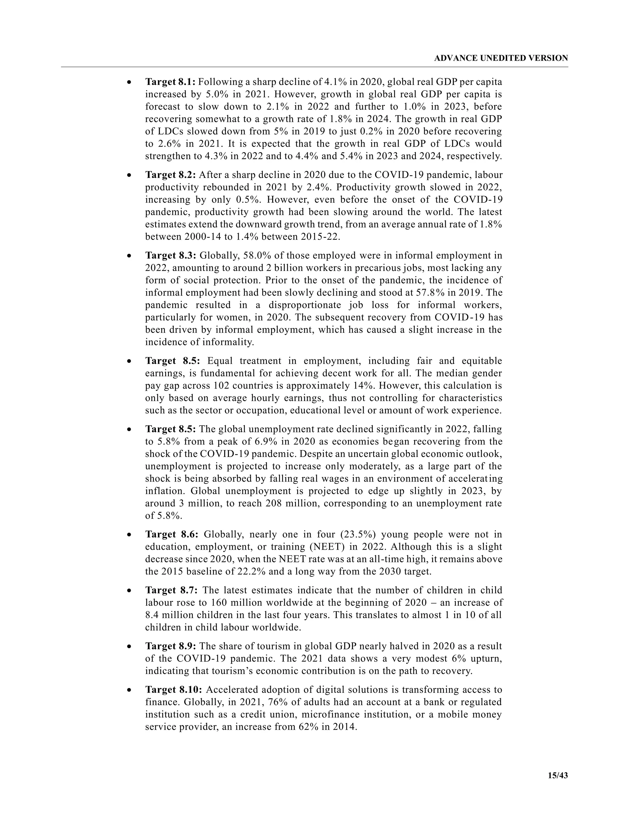 ADVANCE UNEDITED VERSION
15/43
• Target 8.1: Following a sharp decline of 4.1% in 2020, global real GDP per capita
increased by 5.0% in 2021. However, growth in global real GDP per capita is
forecast to slow down to 2.1% in 2022 and further to 1.0% in 2023, before
recovering somewhat to a growth rate of 1.8% in 2024. The growth in real GDP
of LDCs slowed down from 5% in 2019 to just 0.2% in 2020 before recovering
to 2.6% in 2021. It is expected that the growth in real GDP of LDCs would
strengthen to 4.3% in 2022 and to 4.4% and 5.4% in 2023 and 2024, respectively.
• Target 8.2: After a sharp decline in 2020 due to the COVID-19 pandemic, labour
productivity rebounded in 2021 by 2.4%. Productivity growth slowed in 2022,
increasing by only 0.5%. However, even before the onset of the COVID-19
pandemic, productivity growth had been slowing around the world. The latest
estimates extend the downward growth trend, from an average annual rate of 1.8%
between 2000-14 to 1.4% between 2015-22.
• Target 8.3: Globally, 58.0% of those employed were in informal employment in
2022, amounting to around 2 billion workers in precarious jobs, most lacking any
form of social protection. Prior to the onset of the pandemic, the incidence of
informal employment had been slowly declining and stood at 57.8% in 2019. The
pandemic resulted in a disproportionate job loss for informal workers,
particularly for women, in 2020. The subsequent recovery from COVID-19 has
been driven by informal employment, which has caused a slight increase in the
incidence of informality.
• Target 8.5: Equal treatment in employment, including fair and equitable
earnings, is fundamental for achieving decent work for all. The median gender
pay gap across 102 countries is approximately 14%. However, this calculation is
only based on average hourly earnings, thus not controlling for characteristics
such as the sector or occupation, educational level or amount of work experience.
• Target 8.5: The global unemployment rate declined significantly in 2022, falling
to 5.8% from a peak of 6.9% in 2020 as economies began recovering from the
shock of the COVID-19 pandemic. Despite an uncertain global economic outlook,
unemployment is projected to increase only moderately, as a large part of the
shock is being absorbed by falling real wages in an environment of accelerating
inflation. Global unemployment is projected to edge up slightly in 2023, by
around 3 million, to reach 208 million, corresponding to an unemployment rate
of 5.8%.
• Target 8.6: Globally, nearly one in four (23.5%) young people were not in
education, employment, or training (NEET) in 2022. Although this is a slight
decrease since 2020, when the NEET rate was at an all-time high, it remains above
the 2015 baseline of 22.2% and a long way from the 2030 target.
• Target 8.7: The latest estimates indicate that the number of children in child
labour rose to 160 million worldwide at the beginning of 2020 – an increase of
8.4 million children in the last four years. This translates to almost 1 in 10 of all
children in child labour worldwide.
• Target 8.9: The share of tourism in global GDP nearly halved in 2020 as a result
of the COVID-19 pandemic. The 2021 data shows a very modest 6% upturn,
indicating that tourism’s economic contribution is on the path to recovery.
• Target 8.10: Accelerated adoption of digital solutions is transforming access to
finance. Globally, in 2021, 76% of adults had an account at a bank or regulated
institution such as a credit union, microfinance institution, or a mobile money
service provider, an increase from 62% in 2014.
 