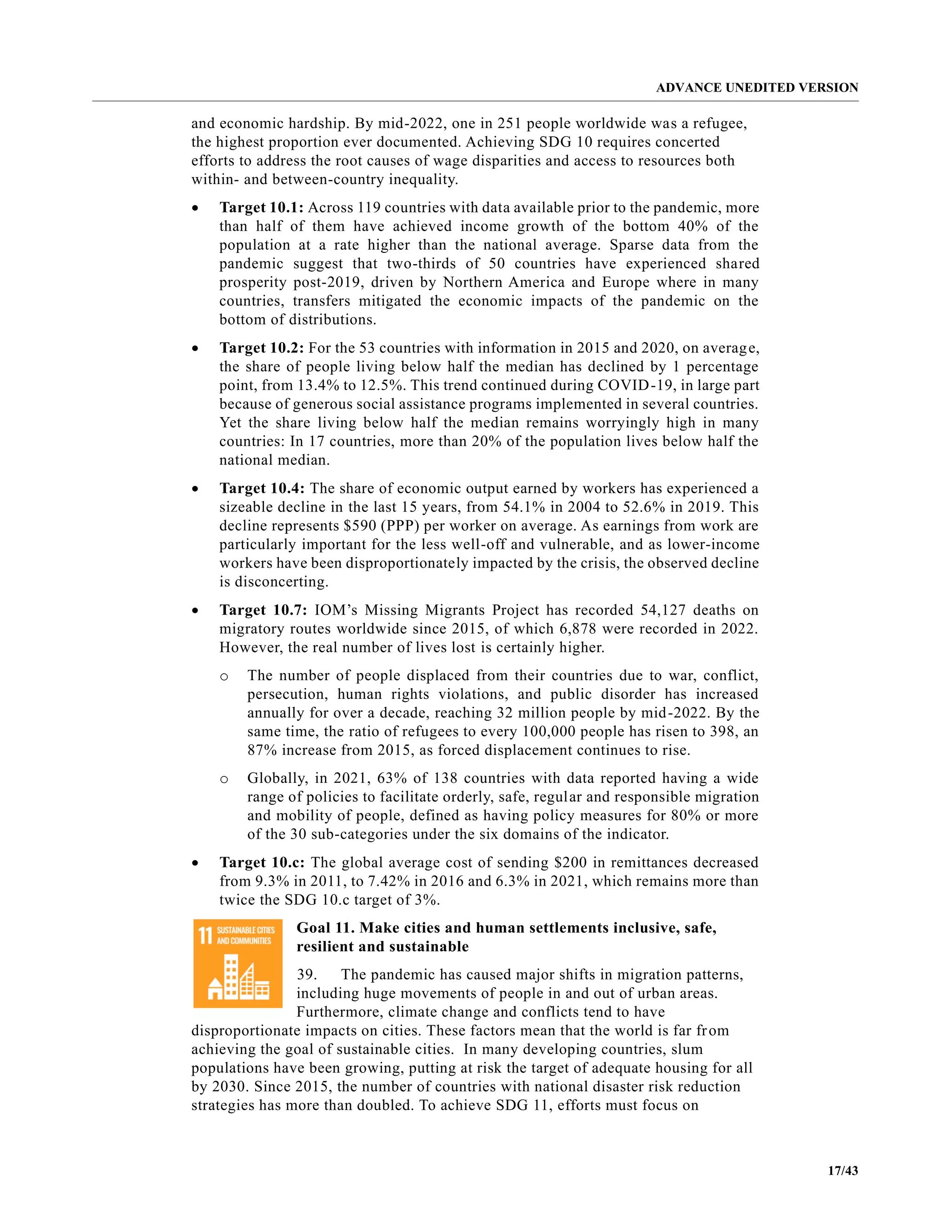 ADVANCE UNEDITED VERSION
17/43
and economic hardship. By mid-2022, one in 251 people worldwide was a refugee,
the highest proportion ever documented. Achieving SDG 10 requires concerted
efforts to address the root causes of wage disparities and access to resources both
within- and between-country inequality.
• Target 10.1: Across 119 countries with data available prior to the pandemic, more
than half of them have achieved income growth of the bottom 40% of the
population at a rate higher than the national average. Sparse data from the
pandemic suggest that two-thirds of 50 countries have experienced shared
prosperity post-2019, driven by Northern America and Europe where in many
countries, transfers mitigated the economic impacts of the pandemic on the
bottom of distributions.
• Target 10.2: For the 53 countries with information in 2015 and 2020, on average,
the share of people living below half the median has declined by 1 percentage
point, from 13.4% to 12.5%. This trend continued during COVID-19, in large part
because of generous social assistance programs implemented in several countries.
Yet the share living below half the median remains worryingly high in many
countries: In 17 countries, more than 20% of the population lives below half the
national median.
• Target 10.4: The share of economic output earned by workers has experienced a
sizeable decline in the last 15 years, from 54.1% in 2004 to 52.6% in 2019. This
decline represents $590 (PPP) per worker on average. As earnings from work are
particularly important for the less well-off and vulnerable, and as lower-income
workers have been disproportionately impacted by the crisis, the observed decline
is disconcerting.
• Target 10.7: IOM’s Missing Migrants Project has recorded 54,127 deaths on
migratory routes worldwide since 2015, of which 6,878 were recorded in 2022.
However, the real number of lives lost is certainly higher.
o The number of people displaced from their countries due to war, conflict,
persecution, human rights violations, and public disorder has increased
annually for over a decade, reaching 32 million people by mid-2022. By the
same time, the ratio of refugees to every 100,000 people has risen to 398, an
87% increase from 2015, as forced displacement continues to rise.
o Globally, in 2021, 63% of 138 countries with data reported having a wide
range of policies to facilitate orderly, safe, regular and responsible migration
and mobility of people, defined as having policy measures for 80% or more
of the 30 sub-categories under the six domains of the indicator.
• Target 10.c: The global average cost of sending $200 in remittances decreased
from 9.3% in 2011, to 7.42% in 2016 and 6.3% in 2021, which remains more than
twice the SDG 10.c target of 3%.
Goal 11. Make cities and human settlements inclusive, safe,
resilient and sustainable
39. The pandemic has caused major shifts in migration patterns,
including huge movements of people in and out of urban areas.
Furthermore, climate change and conflicts tend to have
disproportionate impacts on cities. These factors mean that the world is far from
achieving the goal of sustainable cities. In many developing countries, slum
populations have been growing, putting at risk the target of adequate housing for all
by 2030. Since 2015, the number of countries with national disaster risk reduction
strategies has more than doubled. To achieve SDG 11, efforts must focus on
 