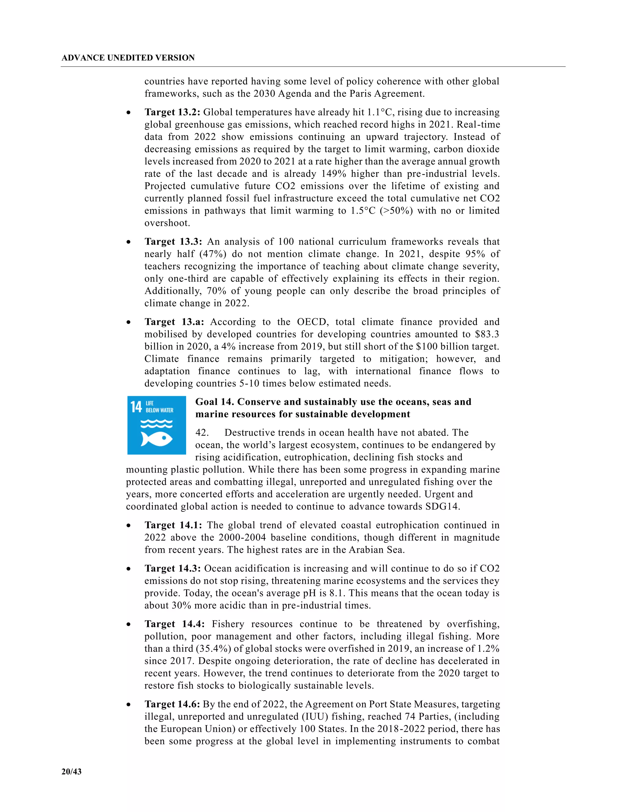 ADVANCE UNEDITED VERSION
20/43
countries have reported having some level of policy coherence with other global
frameworks, such as the 2030 Agenda and the Paris Agreement.
• Target 13.2: Global temperatures have already hit 1.1°C, rising due to increasing
global greenhouse gas emissions, which reached record highs in 2021. Real-time
data from 2022 show emissions continuing an upward trajectory. Instead of
decreasing emissions as required by the target to limit warming, carbon dioxide
levels increased from 2020 to 2021 at a rate higher than the average annual growth
rate of the last decade and is already 149% higher than pre-industrial levels.
Projected cumulative future CO2 emissions over the lifetime of existing and
currently planned fossil fuel infrastructure exceed the total cumulative net CO2
emissions in pathways that limit warming to 1.5°C (>50%) with no or limited
overshoot.
• Target 13.3: An analysis of 100 national curriculum frameworks reveals that
nearly half (47%) do not mention climate change. In 2021, despite 95% of
teachers recognizing the importance of teaching about climate change severity,
only one-third are capable of effectively explaining its effects in their region.
Additionally, 70% of young people can only describe the broad principles of
climate change in 2022.
• Target 13.a: According to the OECD, total climate finance provided and
mobilised by developed countries for developing countries amounted to $83.3
billion in 2020, a 4% increase from 2019, but still short of the $100 billion target.
Climate finance remains primarily targeted to mitigation; however, and
adaptation finance continues to lag, with international finance flows to
developing countries 5-10 times below estimated needs.
Goal 14. Conserve and sustainably use the oceans, seas and
marine resources for sustainable development
42. Destructive trends in ocean health have not abated. The
ocean, the world’s largest ecosystem, continues to be endangered by
rising acidification, eutrophication, declining fish stocks and
mounting plastic pollution. While there has been some progress in expanding marine
protected areas and combatting illegal, unreported and unregulated fishing over the
years, more concerted efforts and acceleration are urgently needed. Urgent and
coordinated global action is needed to continue to advance towards SDG14.
• Target 14.1: The global trend of elevated coastal eutrophication continued in
2022 above the 2000-2004 baseline conditions, though different in magnitude
from recent years. The highest rates are in the Arabian Sea.
• Target 14.3: Ocean acidification is increasing and will continue to do so if CO2
emissions do not stop rising, threatening marine ecosystems and the services they
provide. Today, the ocean's average pH is 8.1. This means that the ocean today is
about 30% more acidic than in pre-industrial times.
• Target 14.4: Fishery resources continue to be threatened by overfishing,
pollution, poor management and other factors, including illegal fishing. More
than a third (35.4%) of global stocks were overfished in 2019, an increase of 1.2%
since 2017. Despite ongoing deterioration, the rate of decline has decelerated in
recent years. However, the trend continues to deteriorate from the 2020 target to
restore fish stocks to biologically sustainable levels.
• Target 14.6: By the end of 2022, the Agreement on Port State Measures, targeting
illegal, unreported and unregulated (IUU) fishing, reached 74 Parties, (including
the European Union) or effectively 100 States. In the 2018-2022 period, there has
been some progress at the global level in implementing instruments to combat
 