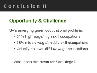 Conclusion II Opportunity & Challenge SV's emerging green occupational profile is: 61% high wage/ high skill occupations 38% middle wage/ middle skill occupations  virtually no low skill/ low wage occupations What does this mean for San Diego?  