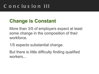 Conclusion III Change is Constant More than 3/5 of employers expect at least some change in the composition of their workforce.  1/5 expects substantial change. But there is little difficulty finding qualified workers...  