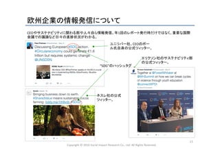 欧州企業の情報発信について	
Copyright	
  ©	
  2016	
  Social	
  Impact	
  Research	
  Co.,	
  Ltd.	
  All	
  Rights	
  Reserved.	
13	
CEOやサステナビリティに関わる部や人々自ら情報発信。年1回のレポート発行時だけではなく、重要な国際
会議での議論など日々の進捗状況がわかる。	
  
ユニリバー社、CEOのポー
ル氏自身の公式ツィッター。	
  
エリクソン社のサステナビリティ部
の公式ツィッター。	
  
ネスレ社の公式
ツィッター。	
  
“SDG”のハッシュタグ	
  
 