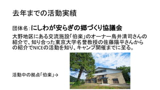 去年までの活動実績
団体名：にしわが安らぎの郷づくり協議会
大野地区にある交流施設「伯楽」のオーナー鳥井清司さんの
紹介で、知り合った東京大学名誉教授の佐藤陽平さんから
の紹介でNICEの活動を知り、キャンプ開催までに至る。
活動中の拠点「伯楽」→
 