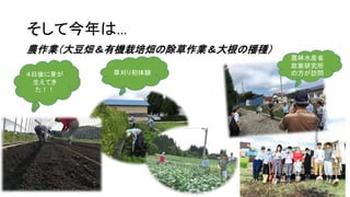 そして今年は…
農作業（大豆畑＆有機栽培畑の除草作業＆大根の播種）
４日後に芽が
生えてき
た！！
草刈り初体験
農林水産省
政策研究所
の方が訪問
 