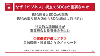 なぜ「ビジネス」視点でSDGsが重要なのか
24
ESG投資とSDGsの関係
ESGの取り組み強化≒SDGs達成に取り組む
社会的な課題解決が
事業機会と投資機会を⽣む
企業価値評価にプラス
⾦融機関・投資家からのメッセージ
※最近⽇本の地銀でもSDGs・ESGに連動した融資が出てきた
 