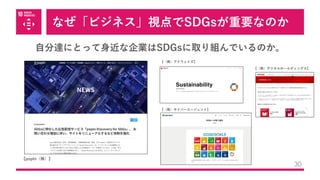 なぜ「ビジネス」視点でSDGsが重要なのか
30
⾃分達にとって⾝近な企業はSDGsに取り組んでいるのか。
【popIn（株）】
【（株）サイバーエージェント】
【（株）アドウェイズ】
【（株）デジタルホールディングス】
 