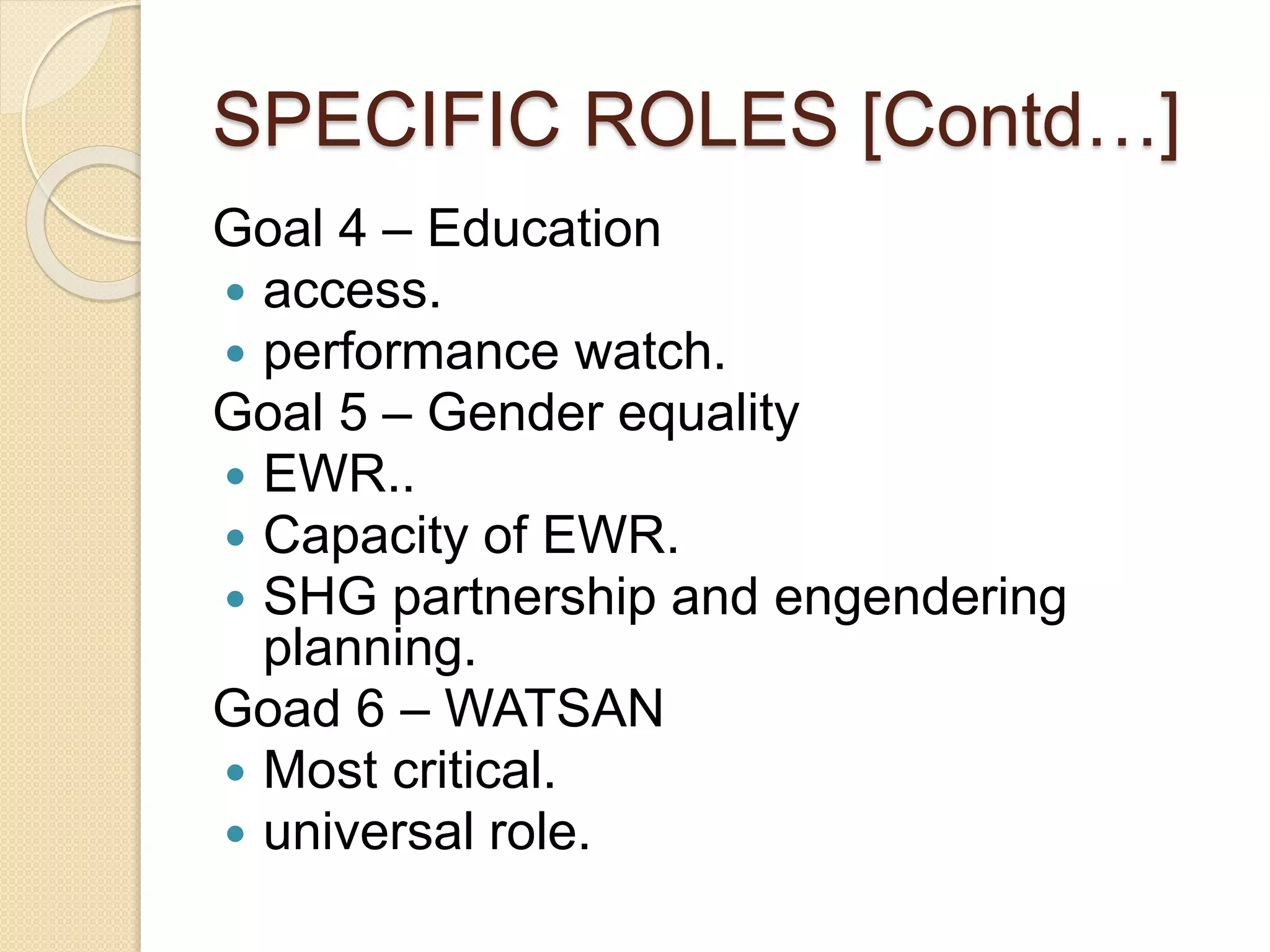SPECIFIC ROLES [Contd…]
Goal 4 – Education
 access.
 performance watch.
Goal 5 – Gender equality
 EWR..
 Capacity of EWR.
 SHG partnership and engendering
planning.
Goad 6 – WATSAN
 Most critical.
 universal role.
 