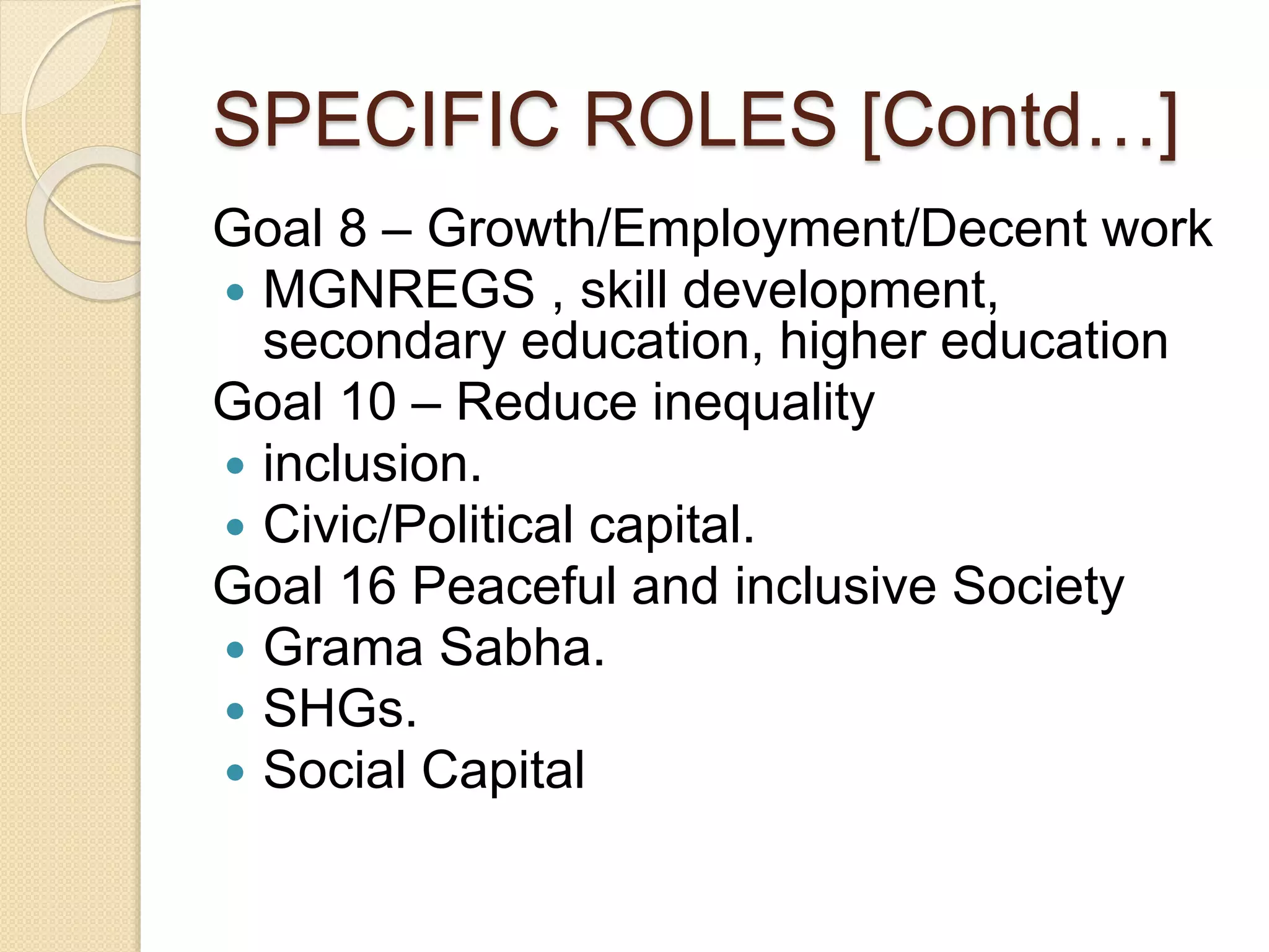 SPECIFIC ROLES [Contd…]
Goal 8 – Growth/Employment/Decent work
 MGNREGS , skill development,
secondary education, higher education
Goal 10 – Reduce inequality
 inclusion.
 Civic/Political capital.
Goal 16 Peaceful and inclusive Society
 Grama Sabha.
 SHGs.
 Social Capital
 