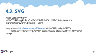 4.9. SVG
28
<?xml version="1.0"?>
<!DOCTYPE svg PUBLIC "-//W3C//DTD SVG 1.1//EN" "http://www.w3.
org/Graphics/SVG/1.1/DTD/svg11.dtd">
<svg xmlns="http://www.w3.org/2000/svg" width="400" height="400">
<circle cx="100" cy="100" r="50" stroke="black" stroke-width="5" fill="red" />
</svg>
 