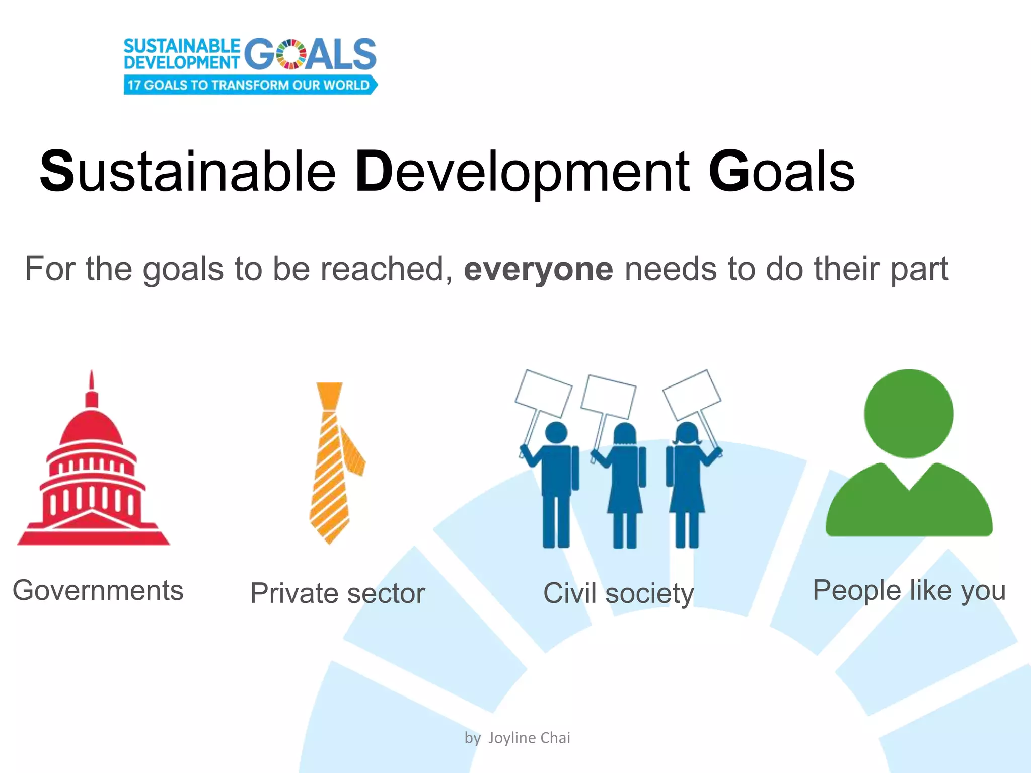Sustainable Development Goals
For the goals to be reached, everyone needs to do their part
Governments Private sector Civil society People like you
by Joyline Chai
 