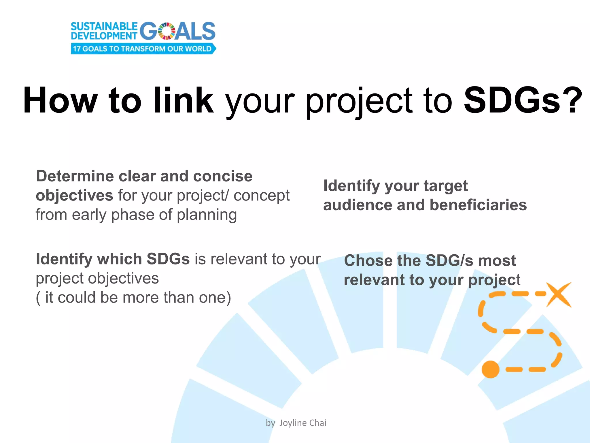 How to link your project to SDGs?
Determine clear and concise
objectives for your project/ concept
from early phase of planning
Identify your target
audience and beneficiaries
Identify which SDGs is relevant to your
project objectives
( it could be more than one)
Chose the SDG/s most
relevant to your project
by Joyline Chai
 