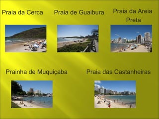 Praia da Cerca Praia de Guaibura Praia da Areia 
Preta 
Prainha de Muquiçaba Praia das Castanheiras 
 