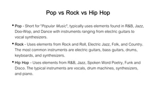Pop vs Rock vs Hip Hop
• Pop - Short for "Popular Music", typically uses elements found in R&B, Jazz,
Doo-Wop, and Dance with instruments ranging from electric guitars to
vocal synthesizers.
• Rock - Uses elements from Rock and Roll, Electric Jazz, Folk, and Country.
The most common instruments are electric guitars, bass guitars, drums,
keyboards, and synthesizers.
• Hip Hop - Uses elements from R&B, Jazz, Spoken Word Poetry, Funk and
Disco. The typical instruments are vocals, drum machines, synthesizers,
and piano.
 