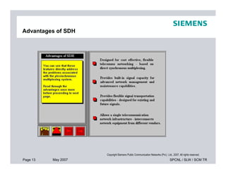 Advantages of SDH
Page 13 May 2007 SPCNL / SLW / SCM TR
Copyright Siemens Public Communication Networks (Pvt.) Ltd., 2007. All rights reserved.
 