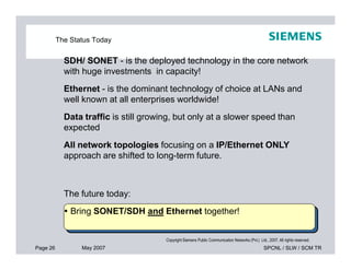 The Status Today
SDH/ SONET - is the deployed technology in the core network
with huge investments in capacity!
Ethernet - is the dominant technology of choice at LANs and
well known at all enterprises worldwide!
Data traffic is still growing, but only at a slower speed than
expected
Page 26 May 2007 SPCNL / SLW / SCM TR
Copyright Siemens Public Communication Networks (Pvt.) Ltd., 2007. All rights reserved.
All network topologies focusing on a IP/Ethernet ONLY
approach are shifted to long-term future.
The future today:
 Bring SONET/SDH and Ethernet together!
 