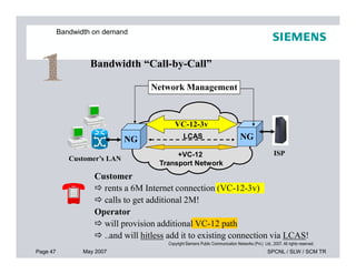 Bandwidth on demand
Bandwidth “Call-by-Call”
NG NG
Network Management
VC-12-3v
LCAS
Page 47 May 2007 SPCNL / SLW / SCM TR
Copyright Siemens Public Communication Networks (Pvt.) Ltd., 2007. All rights reserved.
Transport Network
NG NG
ISP
Customer’s LAN
Customer
 rents a 6M Internet connection (VC-12-3v)
 calls to get additional 2M!
Operator
 will provision additional VC-12 path
 ..and will hitless add it to existing connection via LCAS!
+VC-12
LCAS
 