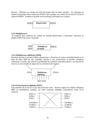 E:FacultadTrabajo SDH.doc
10
factores. Obtienen sus señales de reloj del propio flujo de datos entrante. Los mensajes se
reciben extrayendo varios canales de 64 kbit/s (por ejemplo, los canales de servicio El, Fl) de la
cabecera RSOH. También es posible enviar mensajes utilizando esos canales.
STM-N Regenerador STM-N
3.4.2-Multiplexores:
Se emplean para combinar las señales de entrada plesiócronas y terminales: síncronas en
señales STM-N de mayor velocidad.
PDH Multiplexor STM-N
SDH terminal
3.4.3-Multiplexores add/drop (ADM):
Permiten insertar (o extraer) señales plesiócronas y síncronas de menor velocidad binaria en el
flujo de datos SDH de alta velocidad. Gracias a esta característica es posible configurar
estructuras en anillo, que ofrecen la posibilidad de conmutar automáticamente a un trayecto de
reserva en caso de fallo de alguno de los elementos del trayecto.
STM Multiolexor STM-N
add/drop
PDH/ SDH
3.4.4-Transconectores digitales (DXC):
Este elemento de la red es el que más funciones tiene. Permite mapear las señales tributarias
PDH en contenedores virtuales, así como conmutar múltiples contenedores, hasta VC-4
inclusive.
STM-1 6 STM-1 6
STM-4 STM-4
STM-1 STM-1
140 Mbit/s 140 Mbit/s
34 Mbit/s 34 Mbitts
2 Mbits/s 2 Mbits/s
 