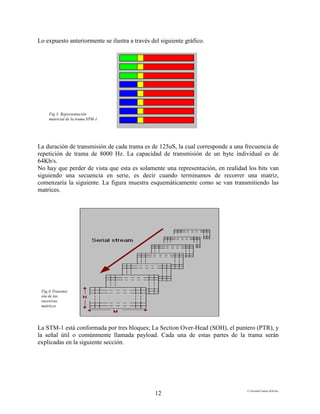 E:FacultadTrabajo SDH.doc
12
Lo expuesto anteriormente se ilustra a través del siguiente gráfico.
La duración de transmisión de cada trama es de 125uS, la cual corresponde a una frecuencia de
repetición de trama de 8000 Hz. La capacidad de transmisión de un byte individual es de
64Kb/s.
No hay que perder de vista que esta es solamente una representación, en realidad los bits van
siguiendo una secuencia en serie, es decir cuando terminamos de recorrer una matriz,
comenzaría la siguiente. La figura muestra esquemáticamente como se van transmitiendo las
matrices.
La STM-1 está conformada por tres bloques; La Section Over-Head (SOH), el puntero (PTR), y
la señal útil o comúnmente llamada payload. Cada una de estas partes de la trama serán
explicadas en la siguiente sección.
Fig.3: Representación
matricial de la trama STM-1
Fig.4:Transmis
ión de las
sucesivas
matrices
 