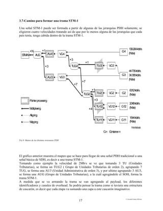 E:FacultadTrabajo SDH.doc
17
3.7-Camino para formar una trama STM-1
Una señal STM-1 puede ser formada a partir de algunas de las jerarquías PDH solamente, se
eligieron cuatro velocidades tratando así de que por lo menos alguna de las jerarquías que cada
país tenía, tenga cabida dentro de la trama STM-1.
T1517950-95
×1×N
×3
×3
×1
×1
×3
×4
×7
×7
STM-N AUG AU-4 VC-4
AU-3 VC-3
C-4
C-3
C-2
C-12
C-11
VC-3
VC-2
VC-12
VC-11
TU-3
TU-2
TU-12
TU-11
TUG-2
TUG-3
AU-4
139264kbit/s
(Note)
44736kbit/s
34368kbit/s
(Note)
6312kbit/s
(Note)
2048kbit/s
(Note)
Pointerprocessing
Multiplexing
Aligning
Mapping
NOTE– G.702tributariesassociatedwithcontainersC-xareshown.Othersignals,e.g.ATM,canalsobeaccommodated(see10.2).
C-n Container-n
1544kbit/s
(Note)
El gráfico anterior muestra el mapeo que se hace para llegar de una señal PDH tradicional a una
señal básica de SDH, es decir a una trama STM-1.
Tomando como ejemplo la velocidad de 2Mb/s se ve que tomando 3 TU (Unidades
Tributarias), se forma un TUG2 ( Grupo de Unidades Tributarias de orden 2), agrupando 7
TUG, se forma una AU3 (Unidad Administrativa de orden 3), y por ultimo agrupando 3 AU3,
se forma una AUG (Grupo de Unidades Tributarias), a la cuál agregándole el SOH, forma la
trama STM-1.
A medida que se va armando la trama se van agregando al payload, los diferentes
identificadores y canales de overhead. Se podría pensar la trama como si tuviera una estructura
de cascarón, es decir que cada etapa va sumando una capa a este cascarón imaginativo.
Fig.9: Mapeo de las distintas jerarquías PDH
 