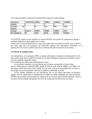 E:FacultadTrabajo SDH.doc
5
En la siguiente tabla se indican las características típicas de cada jerarquía.
Jerarquía FUENTES 2Mb/s 8Mb/s 34Mb/s 140Mb/s
Estado 0 1 2 3 4
Canales de
64Kb/s
1 30 120 480 1920
Código Binario HDB3 HDB3 HDB3 CMI
Bit rate[Kb/s] 64 2048 8448 34368 139264
La FUENTE, podría ser por ejemplo un sistema PCM30, una central de conmutación digital, o
cualquier dispositivo que cumpla con la norma.
Notese que el factor multiplicador es mayor que cuatro para los distinto bit rates, esto se debe a
que para cada nivel de jerarquía son insertados algunos bits adicionales, destinados a la
generación de la trama y tambien para llevar información adicional dentro de la misma.
2.3 Método de multipexación
La multiplexión, en la jerarquía PDH, se realiza utilizando el metodo de entrelazado bit a bit.
Esto quiere decir que la señal de entrada de un dado multiplexor aparecerá solamente cada 4
bits de la señal de salida del mismo.
En la multiplexión, habría que diferenciar dos casos:
a) Las señales originales son sincrónicas, por ej tienen exactamente el mismo reloj.
Esto es válido para un sistema PCM30, donde el reloj de cada señal de 64Kb/s y de 2Mb/s son
derivadas a partir del mismo reloj central. En este caso el proceso de multiplexión se reduce a
una simple conversión paralelo- serie de las palabras codificadas de 8 bits.
b) Las señales originales no son sincrónicas, por ej sus relojes provienen de distintos
lugares. Esto es valido para la multiplexión de señales de salida originadas por varios sistemas
PCM30 cuyos relojes son generados en cada uno de los sistemas enuna forma autónoma. Aquí es
necesario tomar medidas apropiadas con el fin de compensar las diferencias de relojes.
 