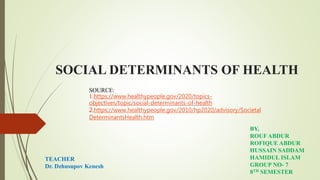 SOCIAL DETERMINANTS OF HEALTH
BY,
ROUF ABDUR
ROFIQUE ABDUR
HUSSAIN SADDAM
HAMIDUL ISLAM
GROUP NO- 7
8TH SEMESTER
TEACHER
Dr. Dzhusupov Kenesh
SOURCE:
1.https://www.healthypeople.gov/2020/topics-
objectives/topic/social-determinants-of-health
2.https://www.healthypeople.gov/2010/hp2020/advisory/Societal
DeterminantsHealth.htm
 